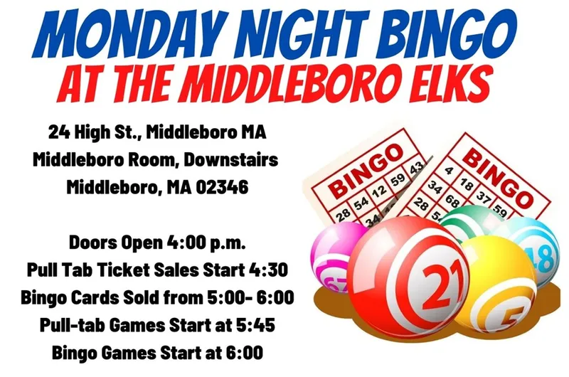Monday Night Bingo flyer for the Middleboro Elks