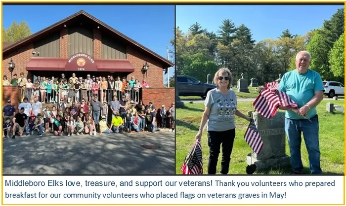Volunteers gathered at the lodge and placing flags on veterans' graves