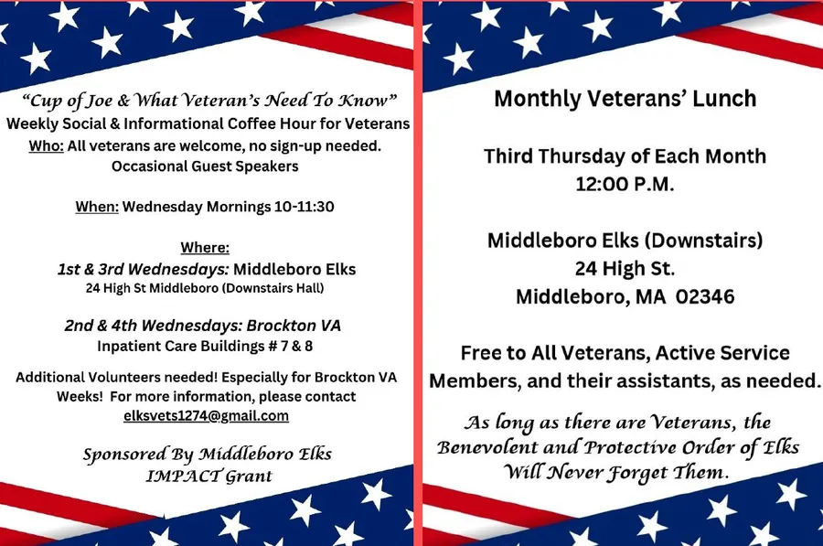 Flyers for the Cup of Joe veterans coffee hour and the monthly veterans' lunch